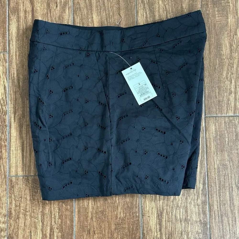 A New Day Women's High-Rise Pleated Eyelet‎ Cotton Short Black Size 8 Cottage